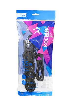 КОСМОС YKsm1.5m-4g-Z-V10A-B 1.5м (ПВС 3х0.75) , 4 гнезда+выкл, 2200Вт, 10А черный BL1