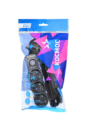 КОСМОС YKsm3m-3g-Z-V10A-B 3м (ПВС 3х1), 3 гнезда+выкл, 2200Вт, 10А черный BL1