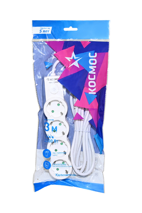 КОСМОС YKsm3m-4g-Z-V10A-W 3м (ПВС 3х0.75), 4 гнезда+выкл, 2200Вт, 10А белый BL1